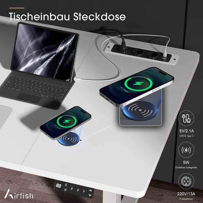 Електричний стіл Airfish з регулюванням висоти, бездрожною зарядкою та USB-роз'ємом 160 x 80 см. Комп'ютерний стіл з пам'яттю та функцією нагадування про відпочинок, білий