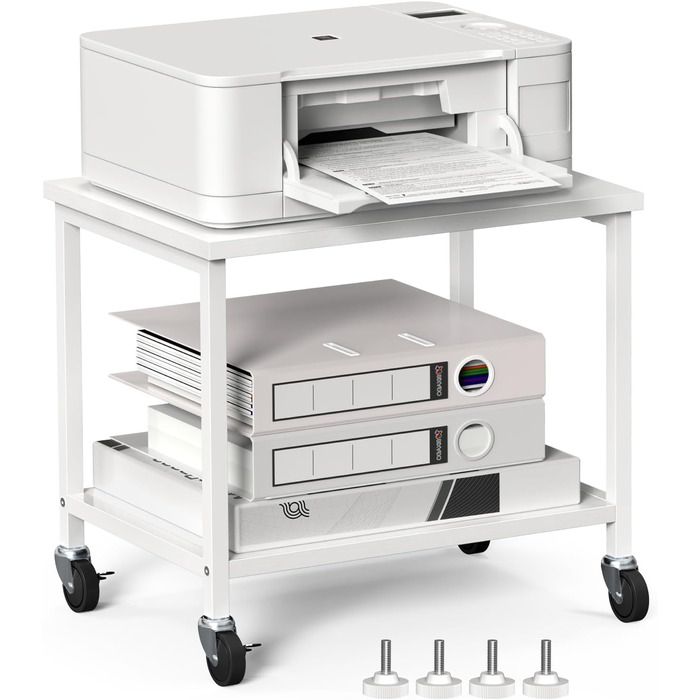 Двоярусний стіл для принтера з роликами Nandae, 30x42x37 см. Підставка для принтера з дерева та металу, мобільний візок з 4 колесами, полиця для зберігання в офіс або вітальню (білий)