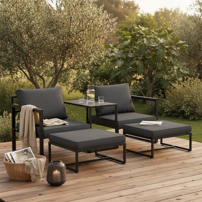 Садовий набір меблів STEELSØN Asteri 5 предметів: 2 крісла, 2 пуфи, стіл - Чорний металевий каркас, подушки антрацит - для тераси, балкону, саду (2-4 особи)