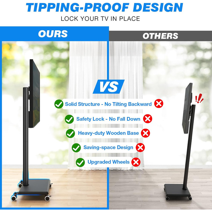Підставка для телевізора на колесах з полицею, чорна. Підходить для телевізорів 27-55 дюймів, до 40 кг, VESA 400x400 мм