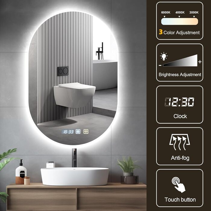 Дзеркало для ванної кімнати 600 мм з підсвічуванням, регулюванням яскравості, антизапарюванням, таймером | IP44, вологостійке, з сенсорним вимикачем | для ванної, готелю, кругле, овальне, 500 мм, 750 мм