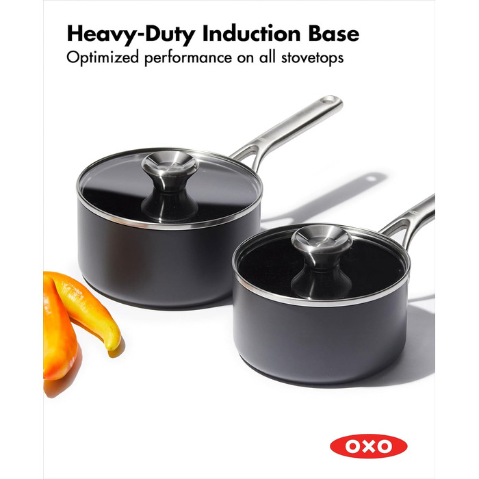 Набір каструль OXO Professionelles з кришкою, керамічне антипригарне покриття, індукційні, нержавіюча сталь, діамантова обробка, безпечні для здоров'я, для посудомийної машини, для духовки, 1.7QT та 2.3QT, чорний