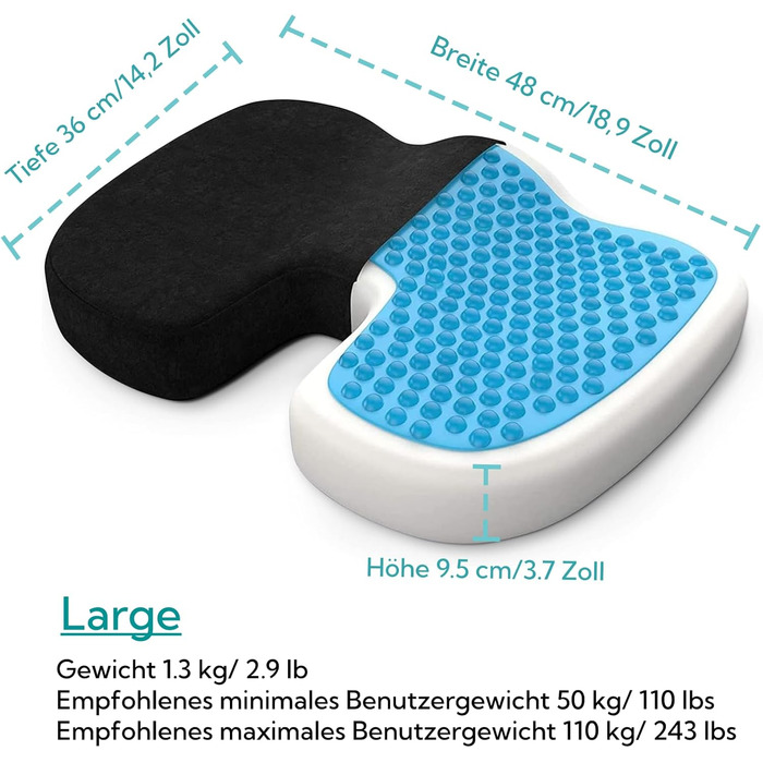 Ортопедична подушка для сидіння Bonmedico з Memory Foam та гелевим наповнювачем - для автомобіля, офісного крісла, інвалідного візка. Чорний велюр, великий розмір.