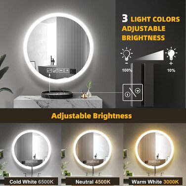 Дзеркало для ванної кімнати з підсвічуванням 50x70 см, з протитуманним ефектом, годинником, LED-підсвічуванням, сенсорним вимикачем, функцією пам'яті, 3 кольорами світла, регулюванням яскравості