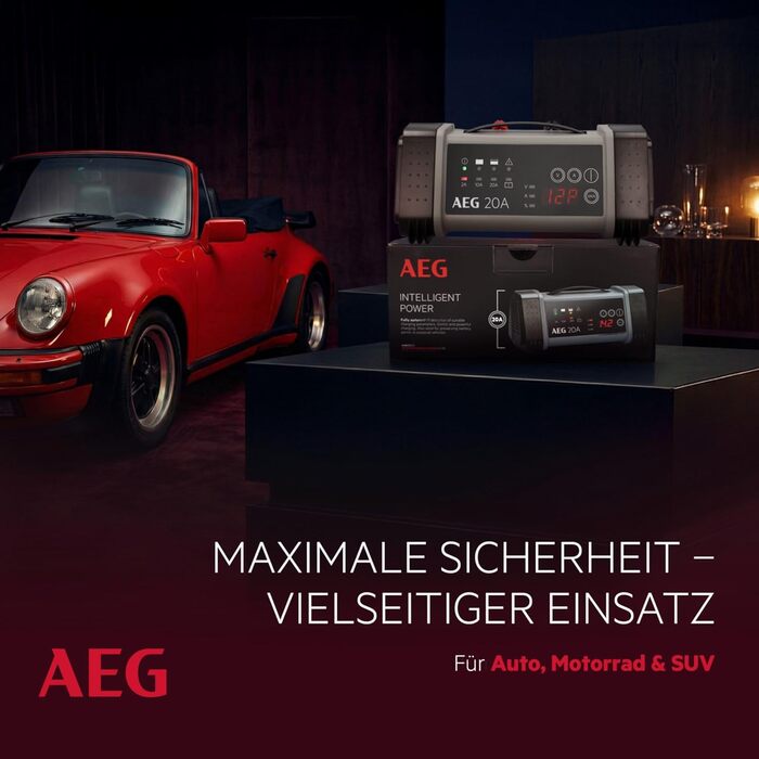 Зарядний пристрій акумуляторів AEG LT 20, 20A для 12/24V авто, 9-ступінчатий, з інтелектуальною функцією заряджання та автоматичним вирівнюванням температури, чорний/сірий