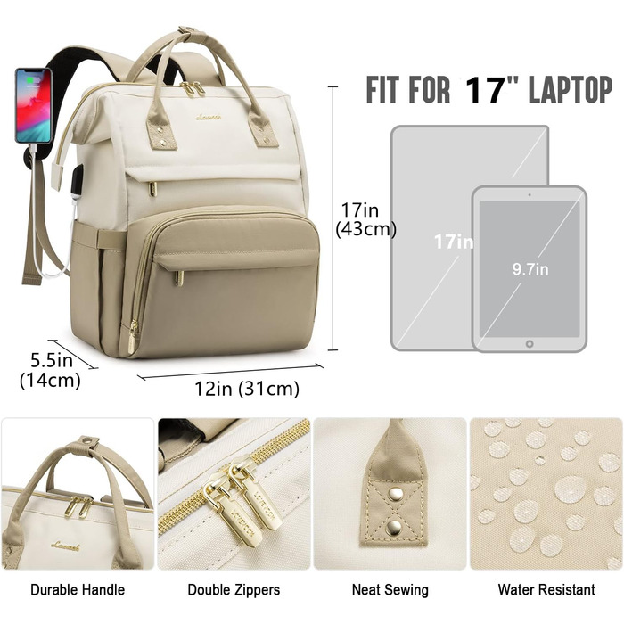 Рюкзак для ноутбука LOVEVOOK для жінок, великий шкільний рюкзак для підлітків, рюкзак ручної поклажі, водонепроникний дизайн, дихаючі плечові ремені, для університету, школи та подорожей, бежево-сірий (17 дюймів, B- Beige Khaki)
