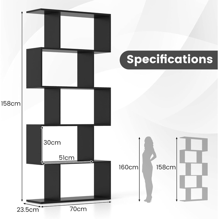 Книжкова шафа HOMASIS, 5 ярусів, S-подібна, дерево, багатофункціональна, чорна, для вітальні та офісу