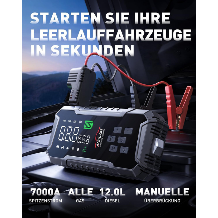 Powerbank для авто ANFLAG 7000A з компресором 160PSI, 26800mAh, для бензинових та дизельних двигунів (до 12.0L), LED-ліхтар