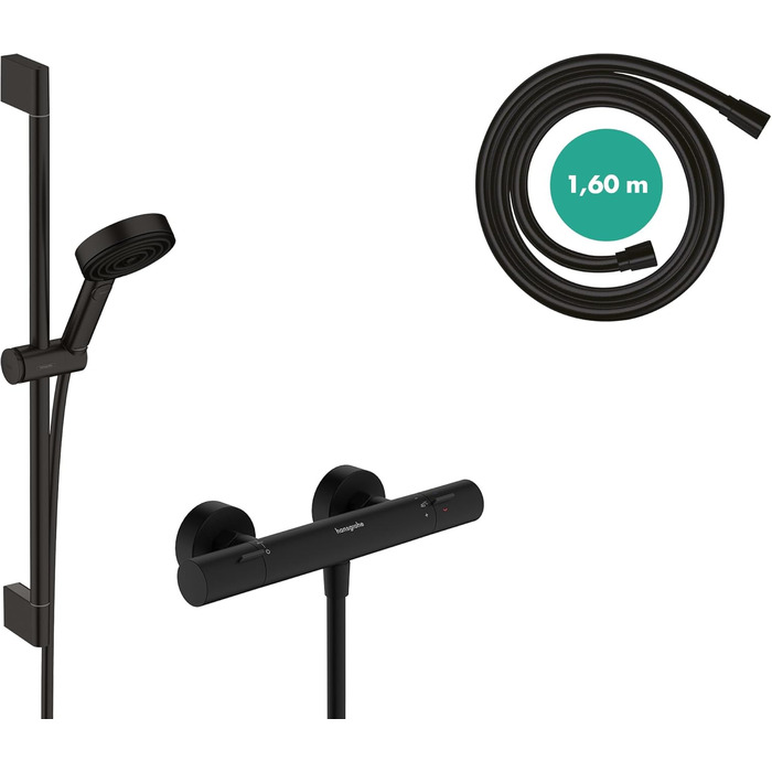 Змішувач Hansgrohe Ecostat Fine - n Aufputz з термостатом (SafetyStop 40°C) для 2 споживачів (чорний мат), комплект з водозберігаючим душем та стійкою 65 см