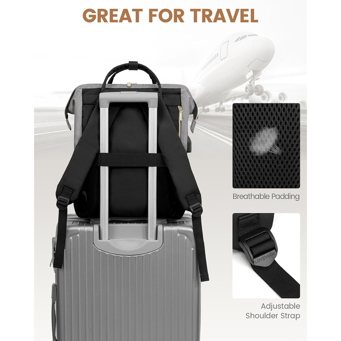 Рюкзак для ноутбука LOVEVOOK для жінок, великий шкільний рюкзак для підлітків, рюкзак ручної поклажі, водонепроникний дизайн, дихаючі плечові лямки, для університету, школи та подорожей, бежево-сірий (17 дюймів, сірий / чорний)