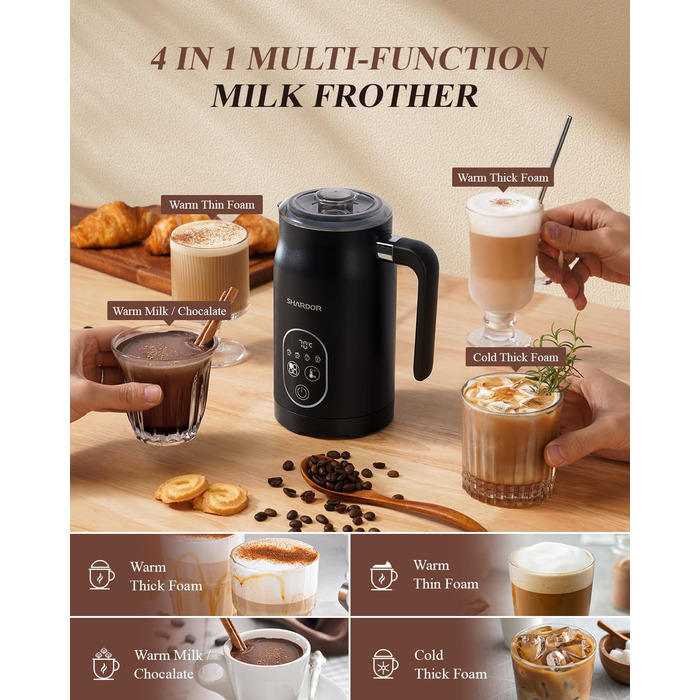 Електричний спінювач молока SHARDOR 5-в-1 з регулюванням температури для капучіно, лате, макіато та гарячого шоколаду