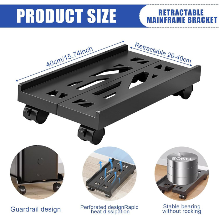 Підставка для ПК та CPU, регульована ширина, комп'ютерна вежа, кріплення під стіл, універсальна, з 4 колесами (фіксація)