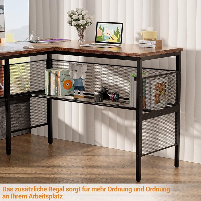 L-подібний ігровий стіл, 141x117x76 см, з полицею, для дому, офісу, навчання, ігор (Рустикальний коричневий)