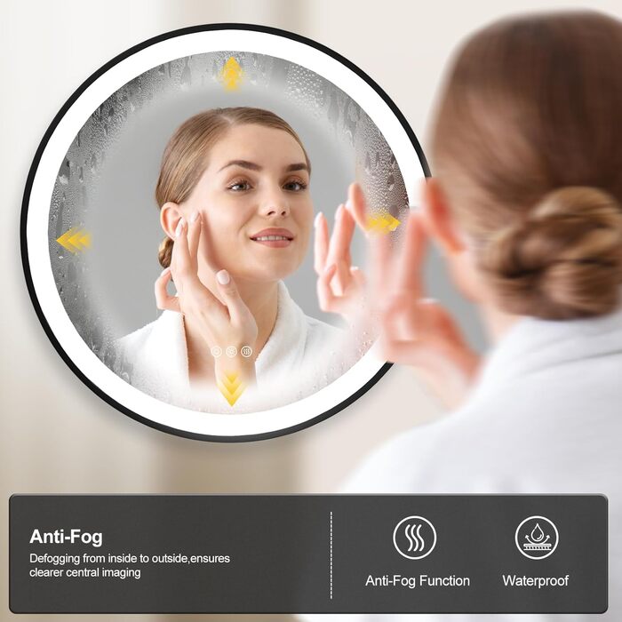 Круглий LED-дзеркало для ванної кімнати ChillCruiser 50 см з чорною рамою, антизапар, 3 кольори, 500 мм