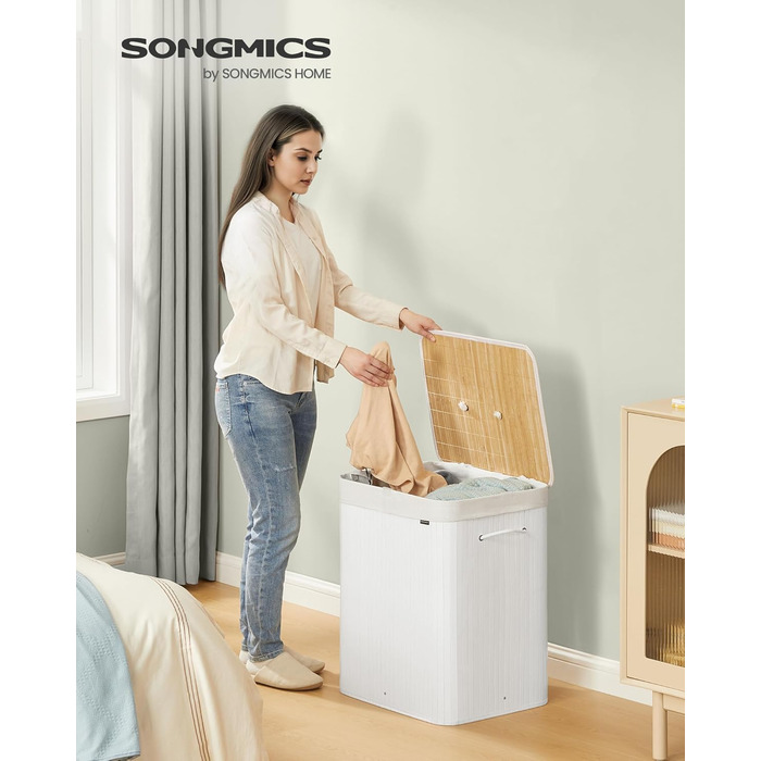SONGMICS Кошик для білизни з кришкою, 2 відділення, бамбук, складаний, знімний мішок, для прання, з ручками, 120 л, білий
