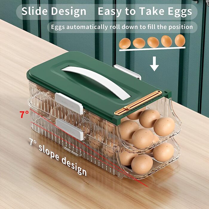 Контейнер для яєць utosday для холодильника, органайзер для яєць з ручкою, що складається прозорий холодильник для зберігання яєць, протиковзкий підлоговий ящик для зберігання яєць (зелений, 2-поверховий)
