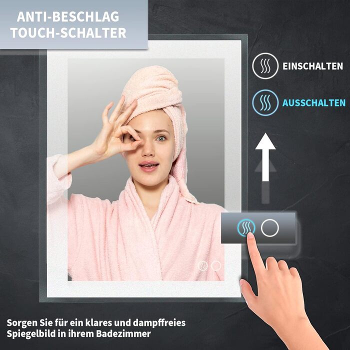 Дзеркало для ванної кімнати Puchika з підсвіткою LED, 50x70 см, регульоване, 3 колірні температури (3000-6400K), IP44, без запотівання, сенсорне керування