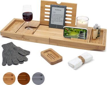 Підставка для ванни Temple Spring з дерева, бамбукова, для аксесуарів у ванну, піднос для ванни, меблі для ванної кімнати - Шкіряний ефект (натуральне дерево)