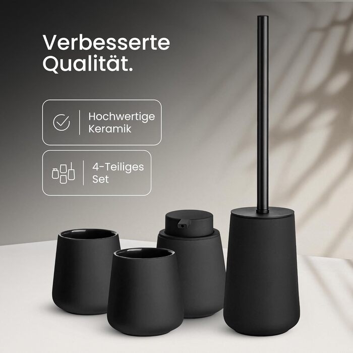 Комплект аксесуарів для ванної кімнати: кераміка преміум-якості, дозатор для мила, 2 склянки, знімна щітка для унітазу - скандинавський дизайн, матовий чорний, 4 шт.