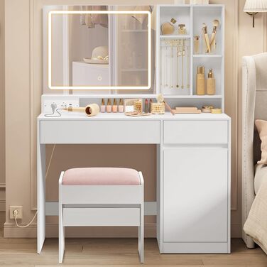 Дзеркальний туалетний столик VASAGLE з пуфом, 110 см, з підсвічуванням та розеткою, кольори: білий та пастельно-рожевий, RDT734W01