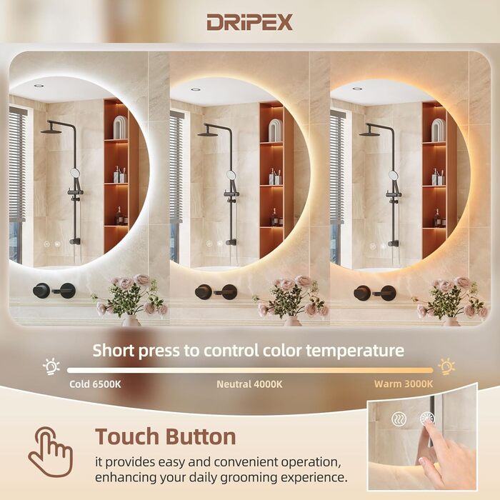 Дзеркало для ванної кімнати Dripex LED з підсвічуванням, кругле, сенсорне управління, регулювання яскравості, 3 кольори світла, запобігання запотіванню, 80x80 см