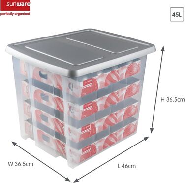 Ялинкова коробка SUNWARE Nesta 45 л з лотками для 64 ялинкових прикрас (діаметр 70-80 мм) - прозора/срібна