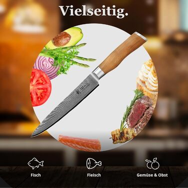 Ніж кухарський Wakoli з дамаської сталі (серцевина VG10) з 20 см лезом – гострий та збалансований – ніж з ручкою з оливкового дерева в подарунковій коробці – ніж кухарський з дамаської сталі для професіоналів та поціновувачів (ніж для нарізання)