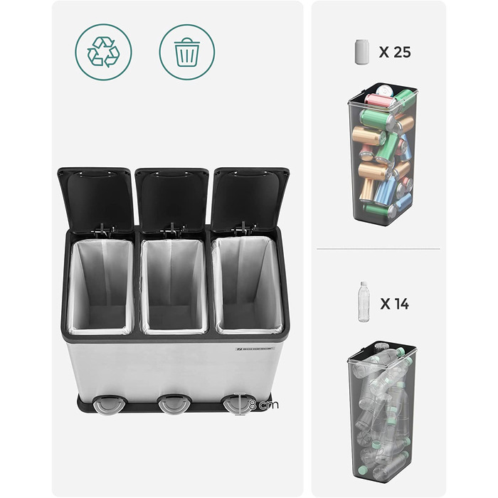 Кухонний кошик SONGMIC об'ємом 54 літри, сміттєвий кошик, 3-х відсічний педальний кошик, внутрішні відра і 6 наклейок для відділення сміття, система відділення сміття, 13 х 5,6 х 2,8 см, сріблясто-чорний LTB54L