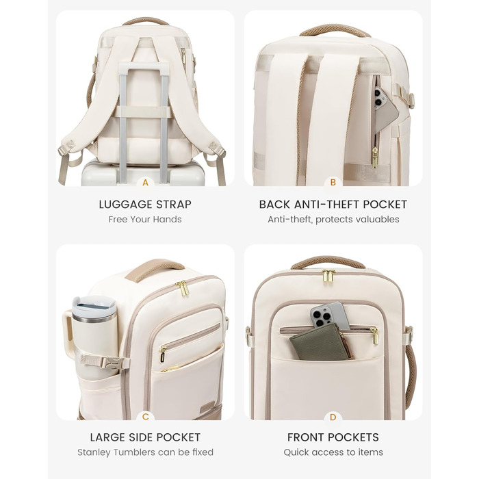 LOVEVOOK Рюкзак для ручної поклажі 40L з окремим відділенням для взуття, жіночий, великий, з вологостійким відділенням, рюкзак-валіза для подорожей (3 шт., Бежевий, Хакі)