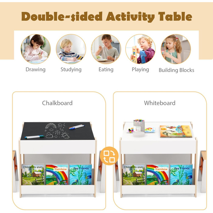 Дитячий стіл LIFEZEAL 3 в 1 з 2 стільцями: стіл для малювання, активностей та ігор. Дерев'яна дитяча група з місцем для зберігання (натуральний колір)