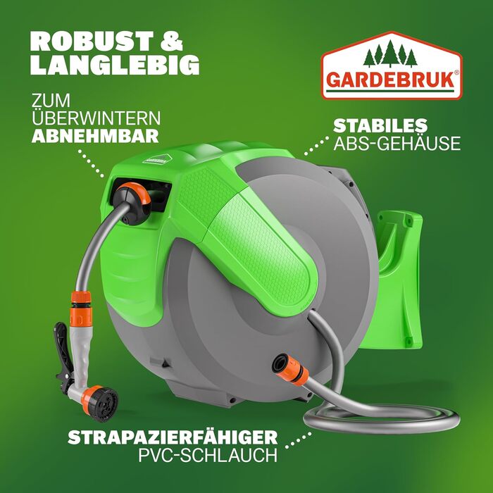 Шланговий барабан Gardebruk® 20м + 2м з кріпленням для стіни, 1/2', для саду, багатофункціональна ручна лійка, система подачі та намотування шланга