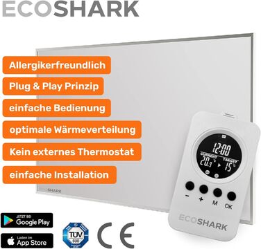 Інфрачервоний обігрівач ECOSHARK з термостатом 300 Вт білий ЗАОЩАДЖУЙТЕ ВИТРАТИ НА ЕЛЕКТРОЕНЕРГІЮ - з пультом дистанційного керування - Електричний обігрівач для розумного будинку на 3-7 м - Підлоговий/настінний (сертифікований TV) 300 Вт (від 3 до 7 м) Б