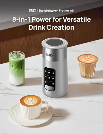 Електричний спінювач молока Dreo 8-в-1 для лате-арт, 270 мл, з підігрівом, LED, сріблястий