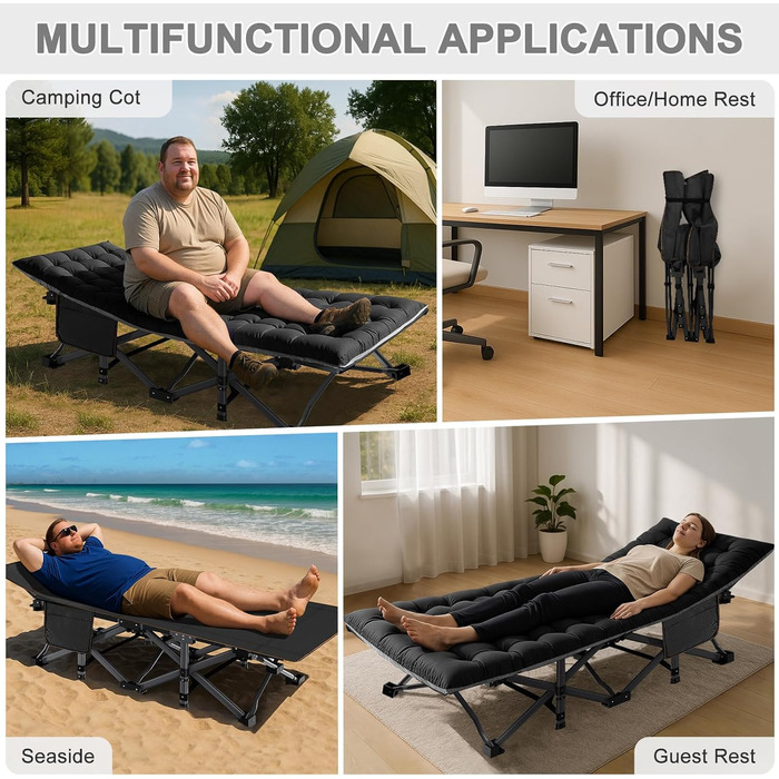 Розкладне кемпінгове ліжко з матрацом та кишенями, сталевий каркас, Oxford, витримує до 200 кг, 190x71x36 см, чорне