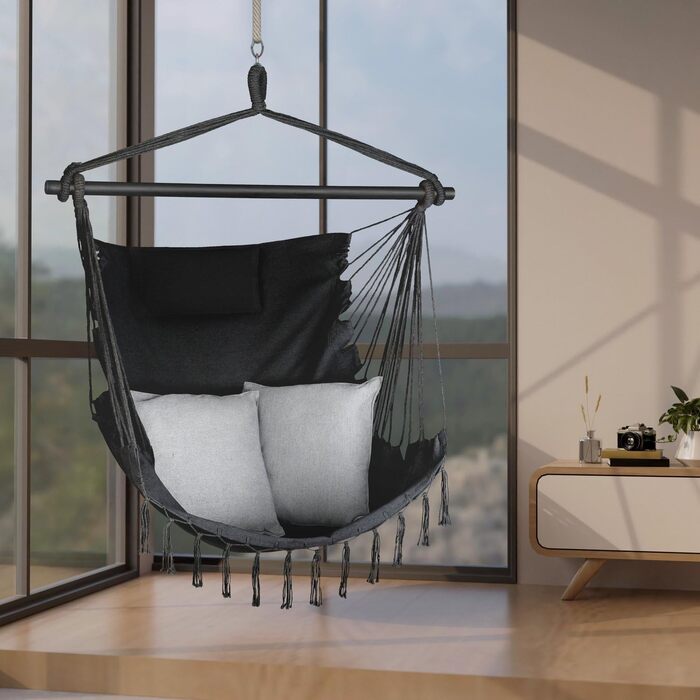 Підвісне крісло-гойдалка з подушкою 100x130x75 см, до 150 кг, для саду та дому, чорне
