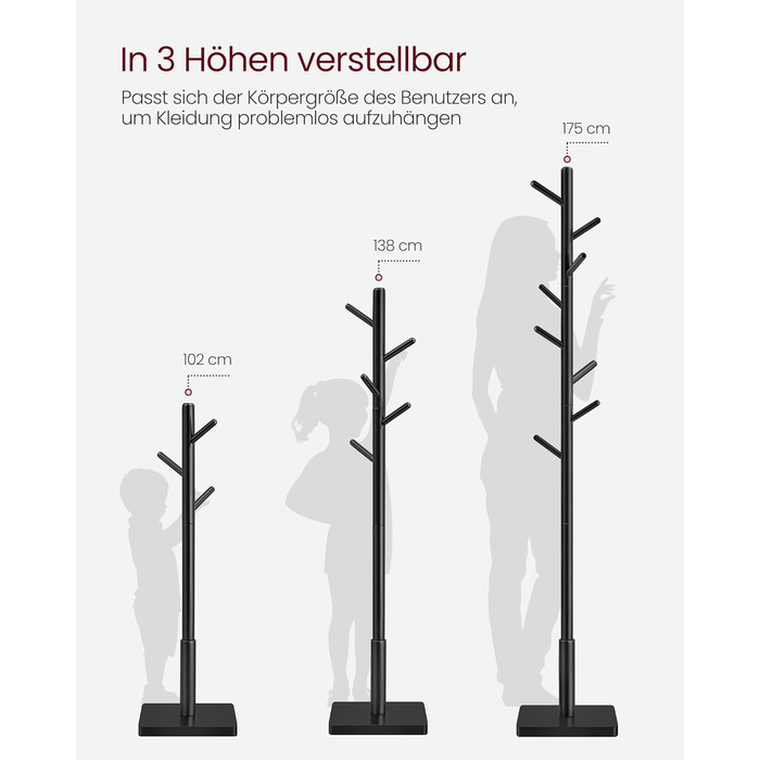 Стійка для одягу VASAGLE, дерев'яна, з 8 гачками, для передпокою, чорна, RCR010B01