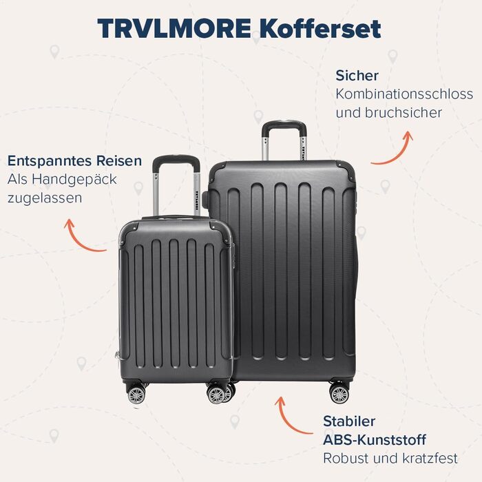 Набір валіз TRVLMORE: 2 валізи (сірий) - міцний корпус, набір для подорожей