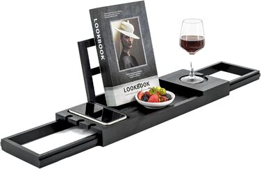 Підставка для ванни Utoplike з бамбука, регульована, органайзер для ванної кімнати з тримачем для книги, планшета, келиха, чашки, рушника, чорного кольору, 50.5 x 18 x 4.4 см