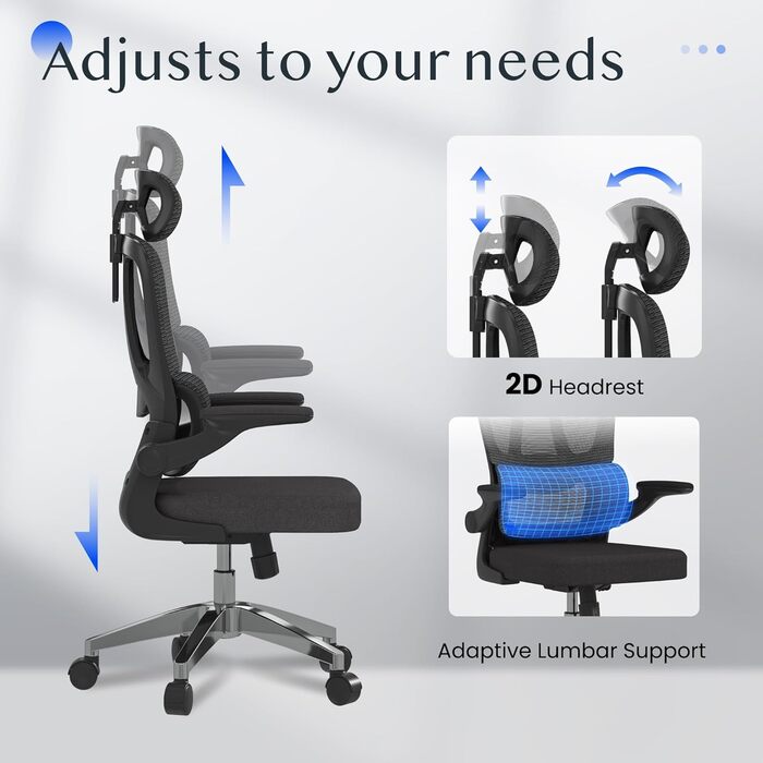 Крісло офісне ергономічне FLEXISPOT з 2D-підголівником, відкидними підлокітниками та динамічною поперековою підтримкою, з функцією гойдання 120°, для дому, офісу та робочого кабінету (чорне), 51 x 73 x 115 см
