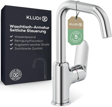 Змішувач для умивальника KLUDI-X1 з витяжним корком, поворотний на 360°, висота виливу 205 мм, водозберігаючий, розмір L, з підключувальними шлангами (без зливної арматури, хром)