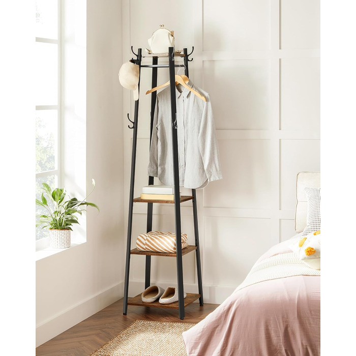 Стійка для одягу VASAGLE з 8 гачками, 4 полицями та перекладиною, металевий каркас, для шарів, курток, сумок, для прихожого, золотий дуб + білий (вінтажний коричневий + чорний)