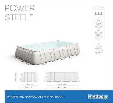 Набір каркасних басейнів Bestway Power Steel, квадратний, з фільтруючим насосом і захисними сходами (732 x 366 x 132 см)