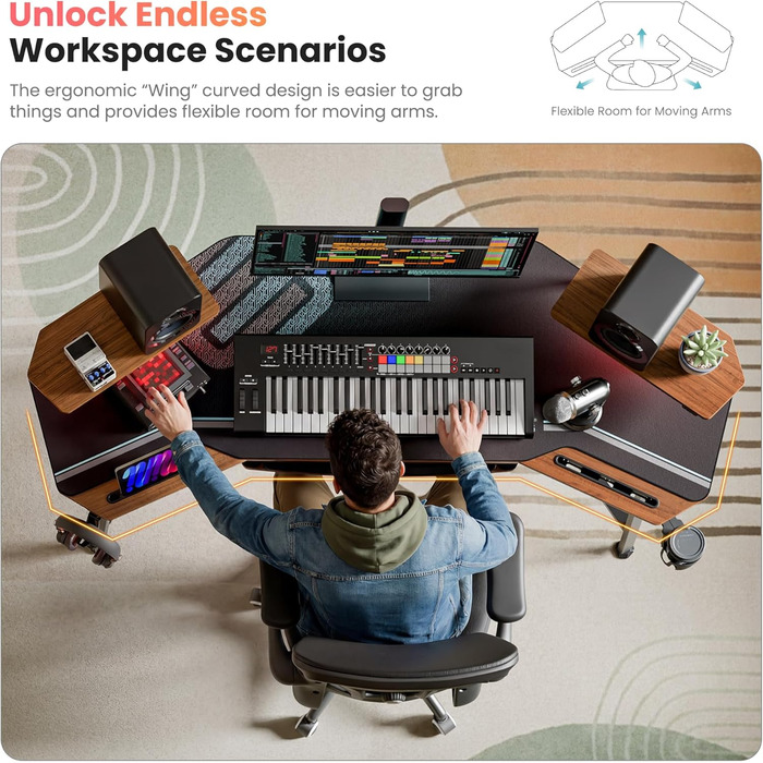 Ігровий стіл EUREKA ERGONOMIC 160x74 см з крилами для геймінгу, PC, Home Office, Live Streaming, 2 слоти для iPad, горіховий колір