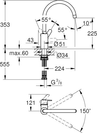 Змішувач для раковини з одним важелем (діапазон повороту на вибір 0 / 150, монтаж з одним отвором, гнучкі з'єднувальні шланги), хром, 31494001