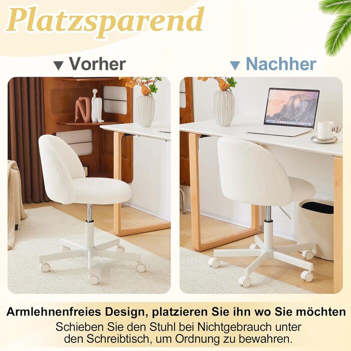 Офісне крісло Bonnlo з роликами, стілець для туалетного столика, регульований по висоті, для робочого кабінету, спальні, home office, з м'якої тканини Тедді, білий