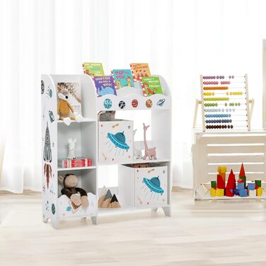 Дитяча полиця SOARS, органайзер для іграшок з 2 ящиками для зберігання, 5 відділеннями та 2 відкритими полицями, полиця для іграшок, книжкова шафа, полиця біла дитяча, спальня (ракета та НЛО)