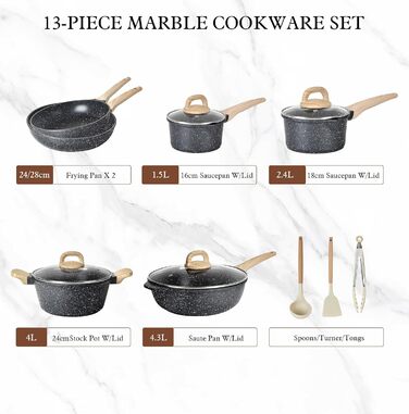 Набір каструль з кришкою для індукційних плит, 13 предметів, чорний гранітний набір посуду, антипригарне покриття без PTFE та PFOA