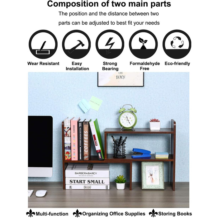 Дерев'яні настільні полиці EasyPAG, регульовані, окремо стоячі, невелика книжкова шафа, канцелярське приладдя, зберігання, дисплей, письмовий стіл, акуратний органайзер, (коричневий)