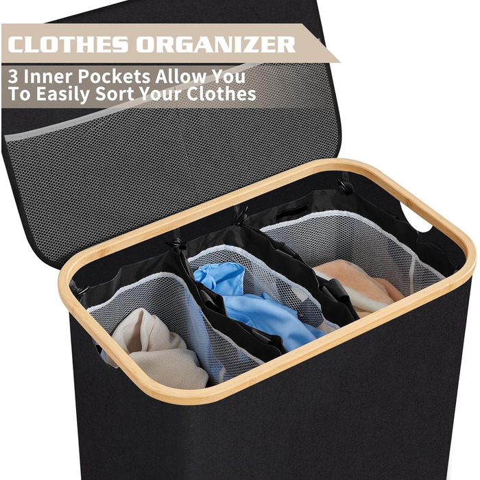 Кошик для білизни BRIAN & DANY з 3 відділеннями та кришкою, 145л, чорний