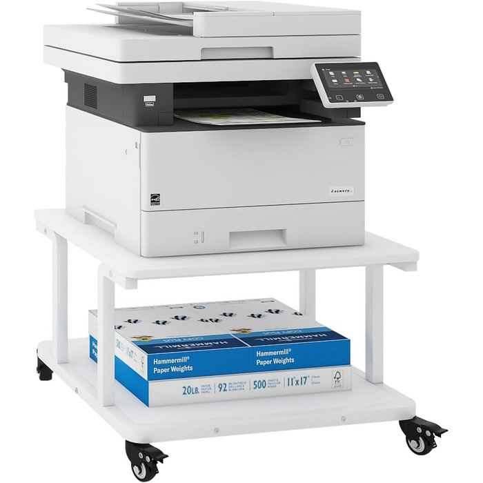 Стіл для принтера PUNCIA з 2 рівнями, мобільний, 60x50 см, білий. Підходить для принтера, сканера, копіювальника.